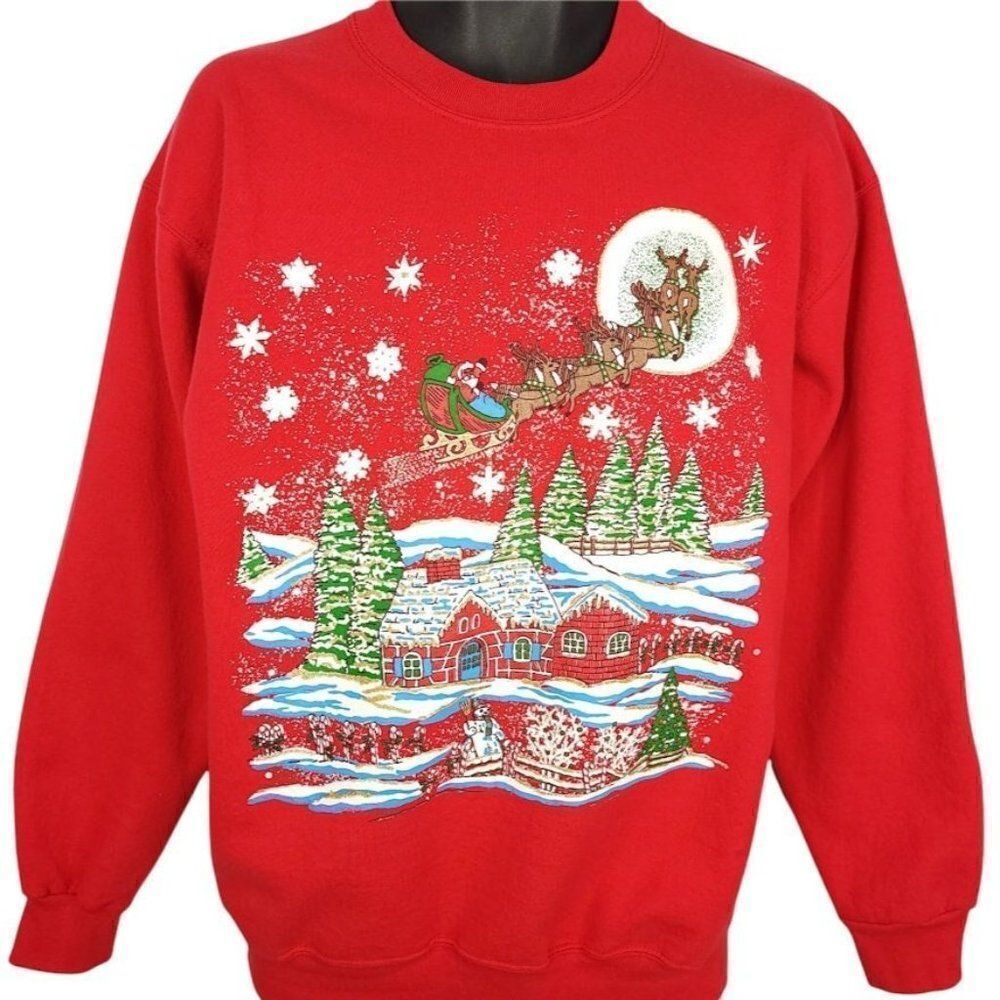 Christmas Sweatshirt Vintage 90s Santa Claus Reindeer Flying Sleigh Mens Medium